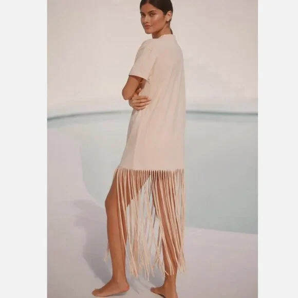 Farm Rio x Anthropologie Short-Sleeve Maxi Dress Fringe T-shirt Bananas L NWT - Picture 2 of 6